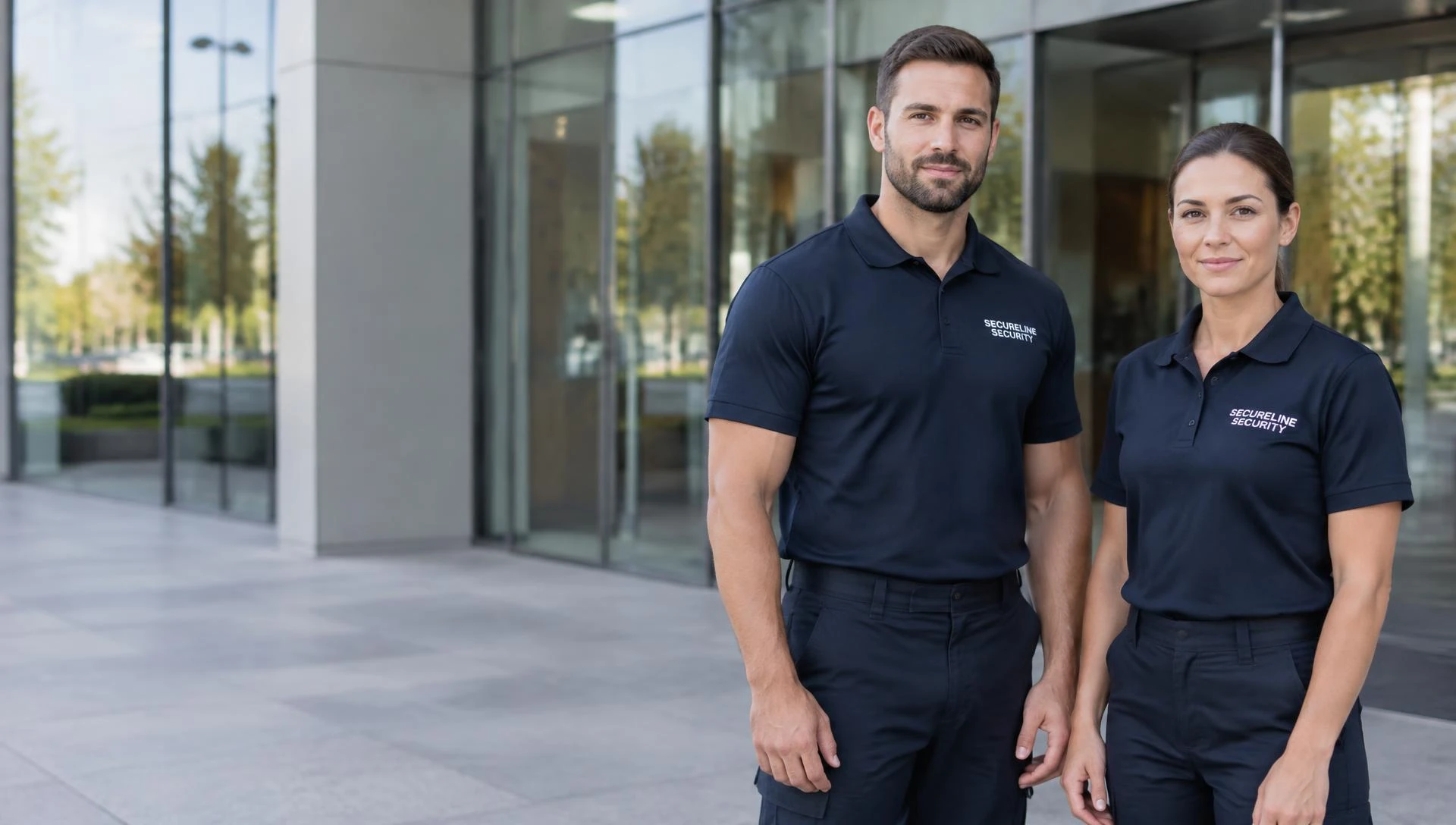 SecureLine Security — professionele beveiliging Rotterdam Twee beveiligers in SecureLine Security bedrijfskleding bij een modern kantoorpand in Rotterdam — gegenereerd demobeeld
