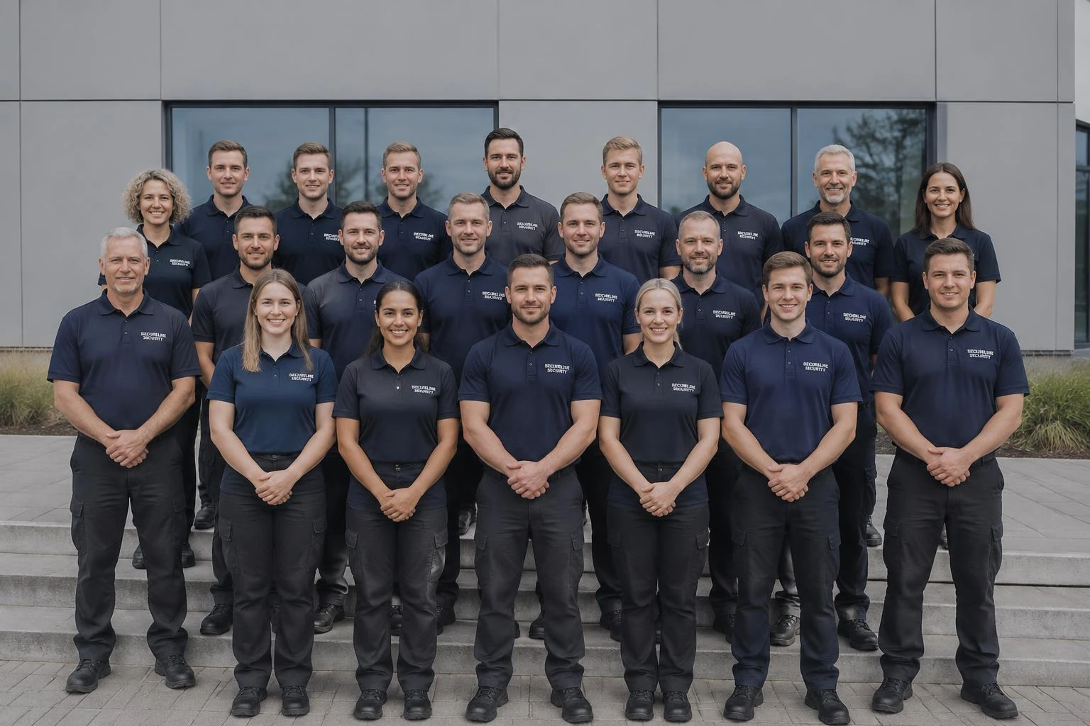 Voorbeeld van een SecureLine Security team in uniforme bedrijfskleding — AI-gegenereerde groepsfoto, niet het werkelijke team